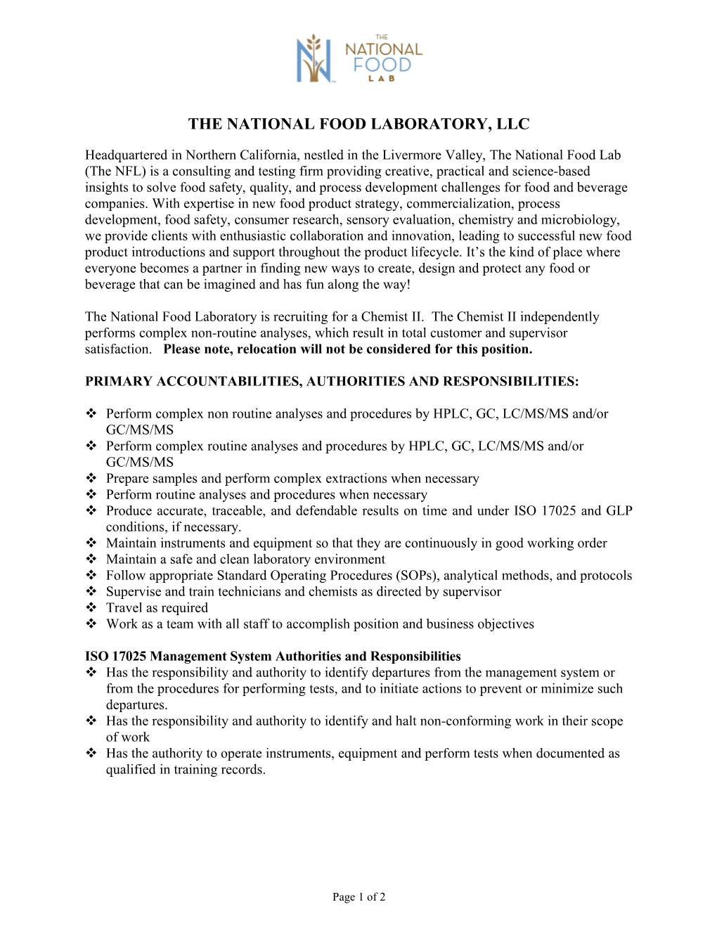 The National Food Laboratory, Inc