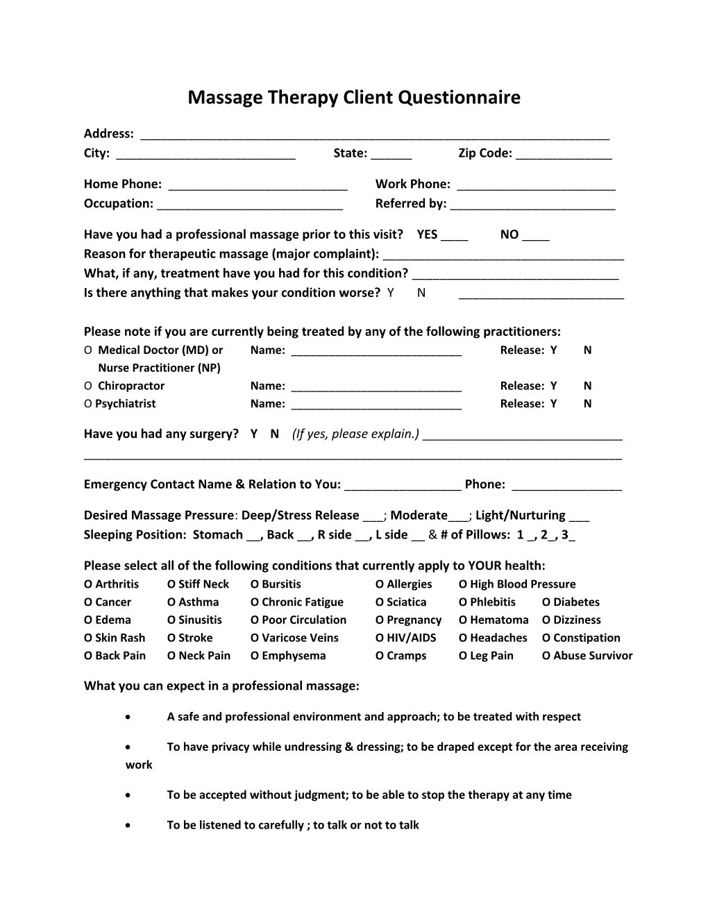 Massage Therapy Client Questionnaire