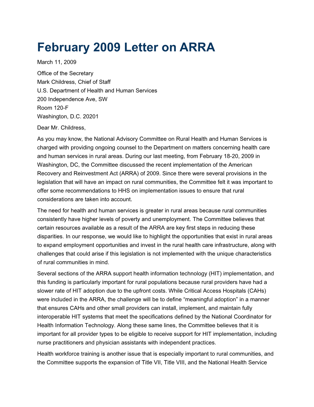 February 2009 Letter on ARRA