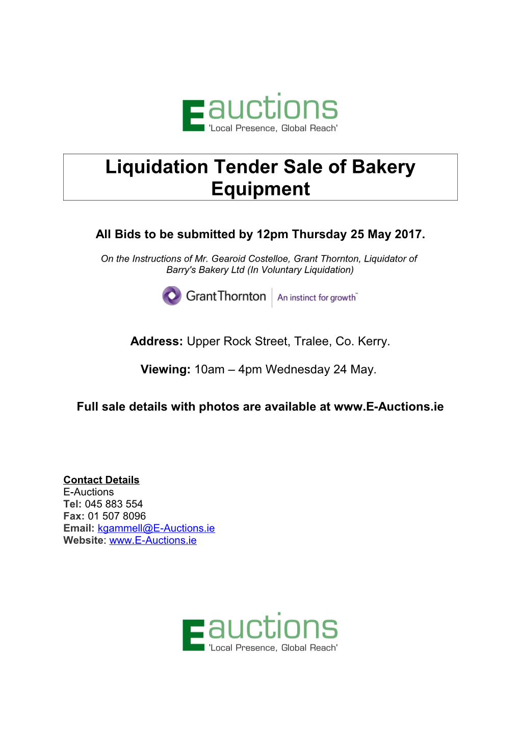 Liquidation Tender Sale of Bakery Equipment