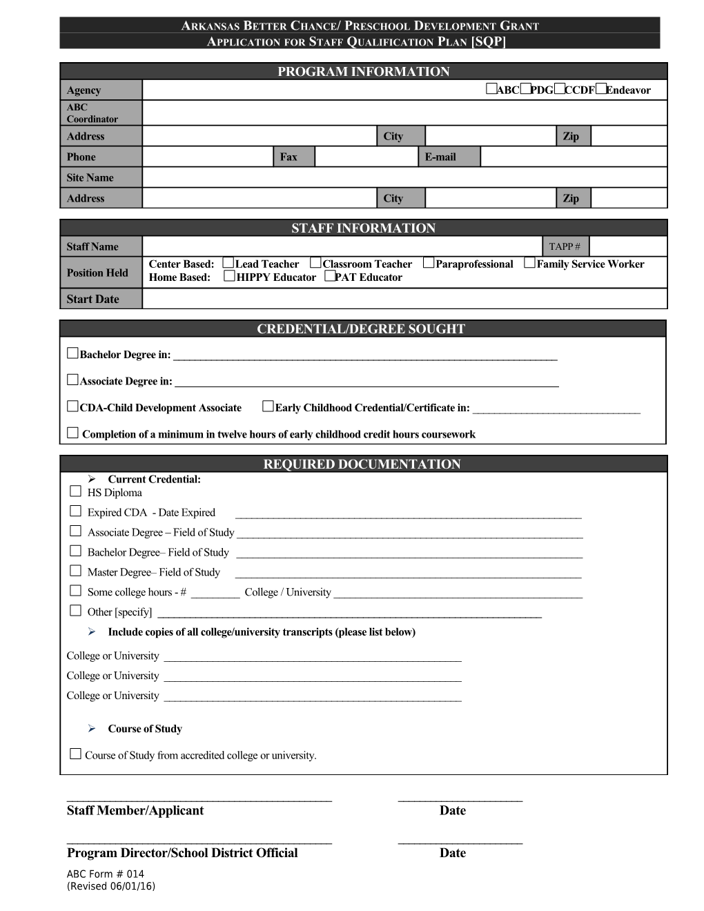 Application for Staff Qualifications Plan