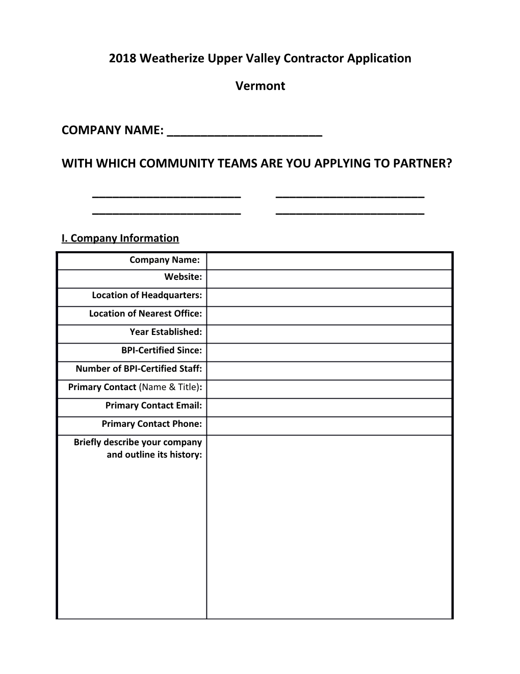 2018 Weatherize Upper Valley Contractor Application