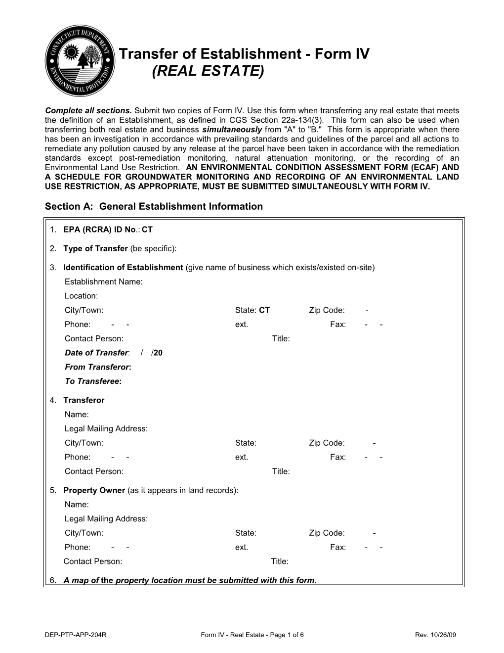 Transfer of Establishment - Form IV (Real Estate)