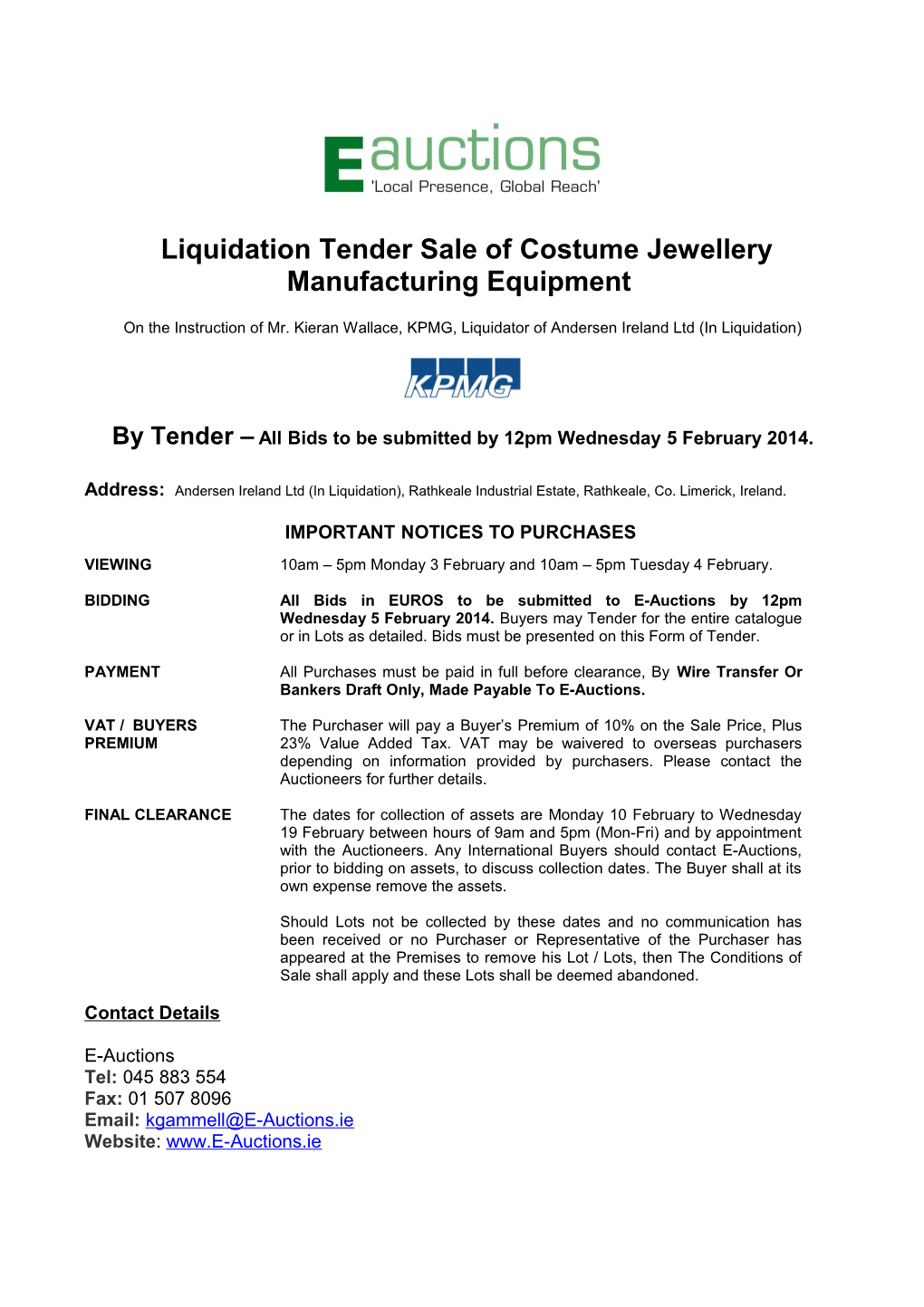 Liquidation Tender Sale of Costume Jewellery Manufacturing Equipment