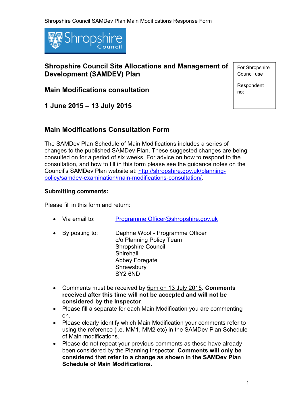 Shropshire Council Samdev Plan Main Modifications Response Form