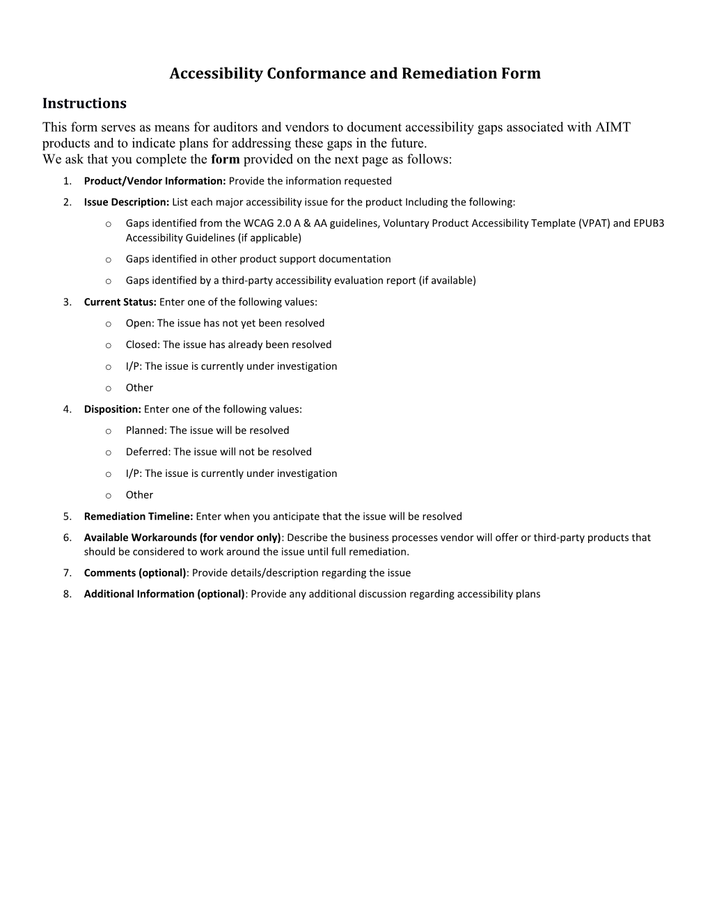 Accessibility Conformance and Remediation Form