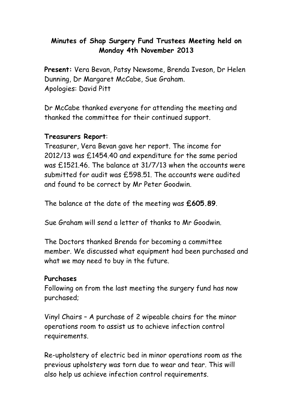 Minutes of Shap Surgery Fund Trustees Meeting Held on Monday 23Rd November 2009