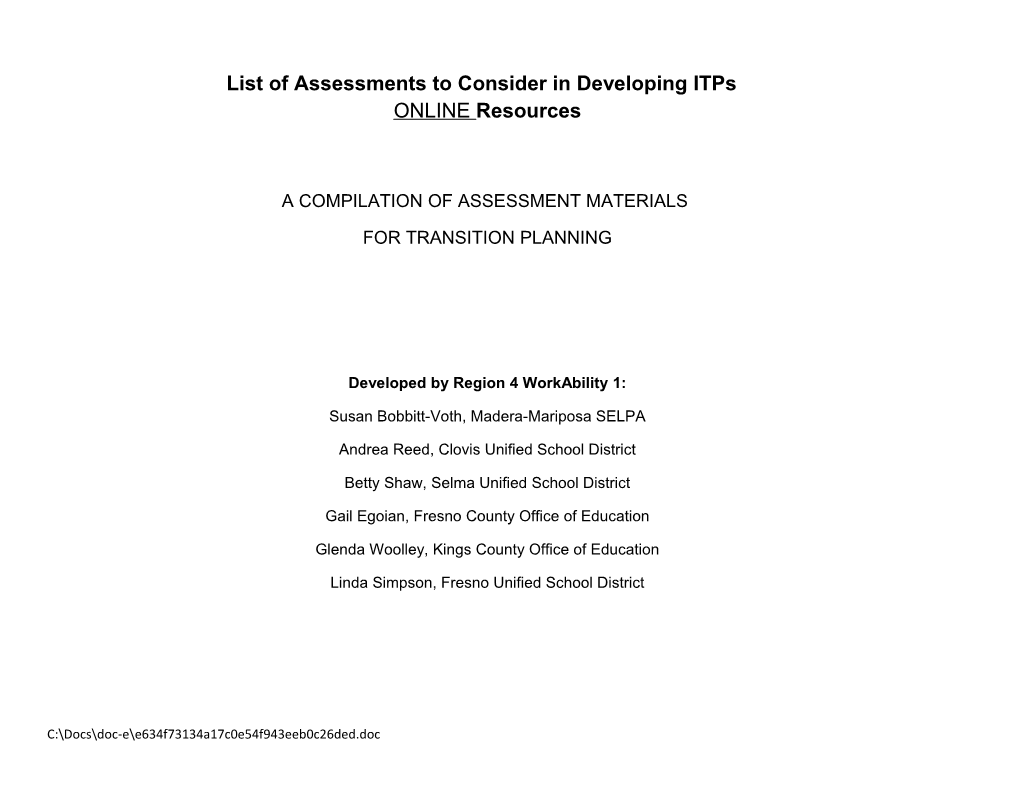 List of Assessments to Consider in Developing Itps