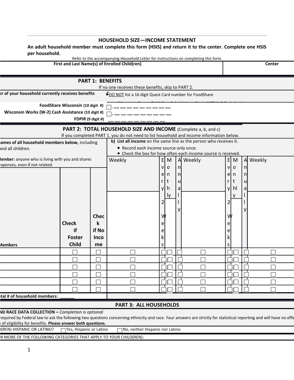 Household Size-Income Statement