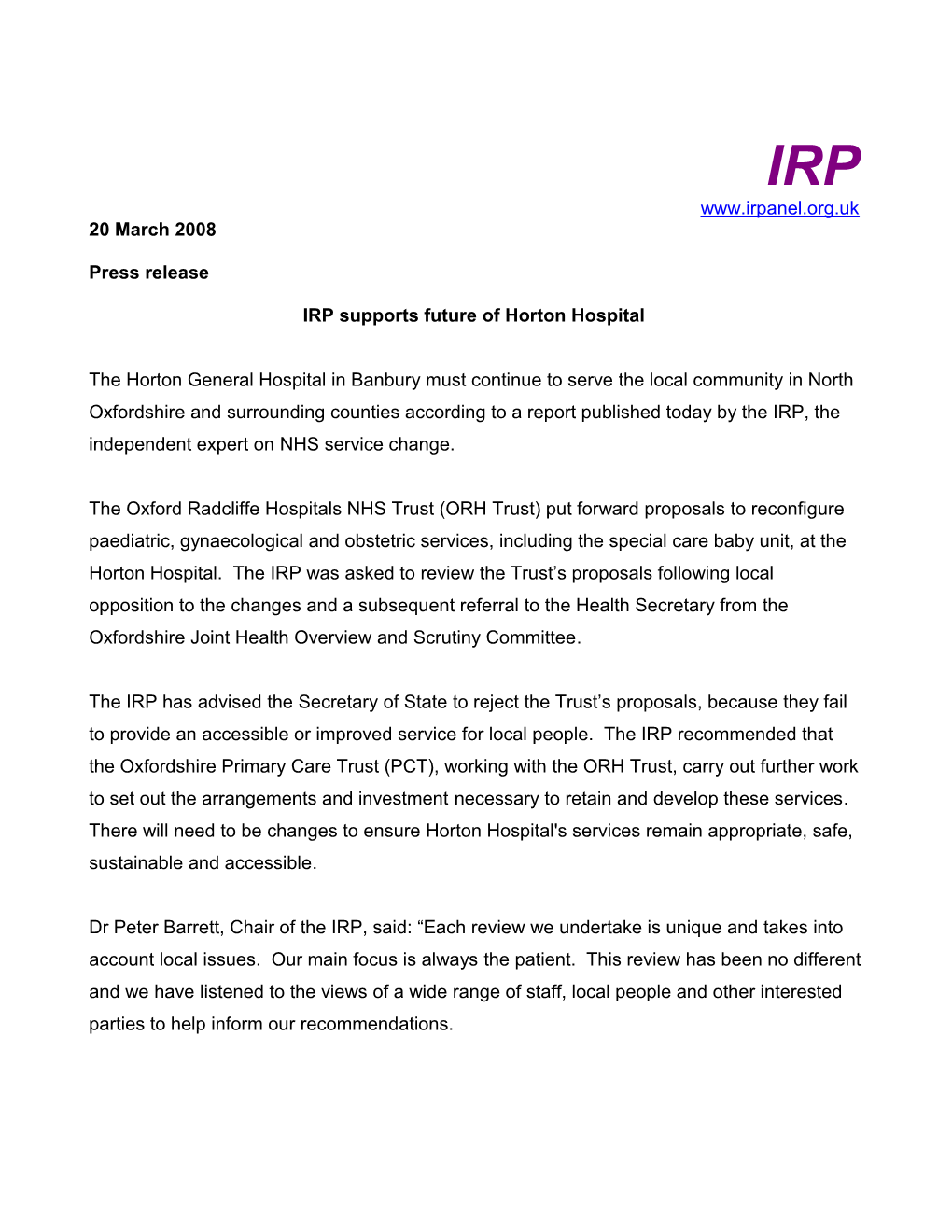 IRP Supports Future of Horton Hospital