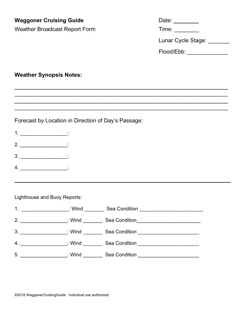 Waggoner Cruising Guide Date: ______ Weather Broadcast Report Form Time: ______