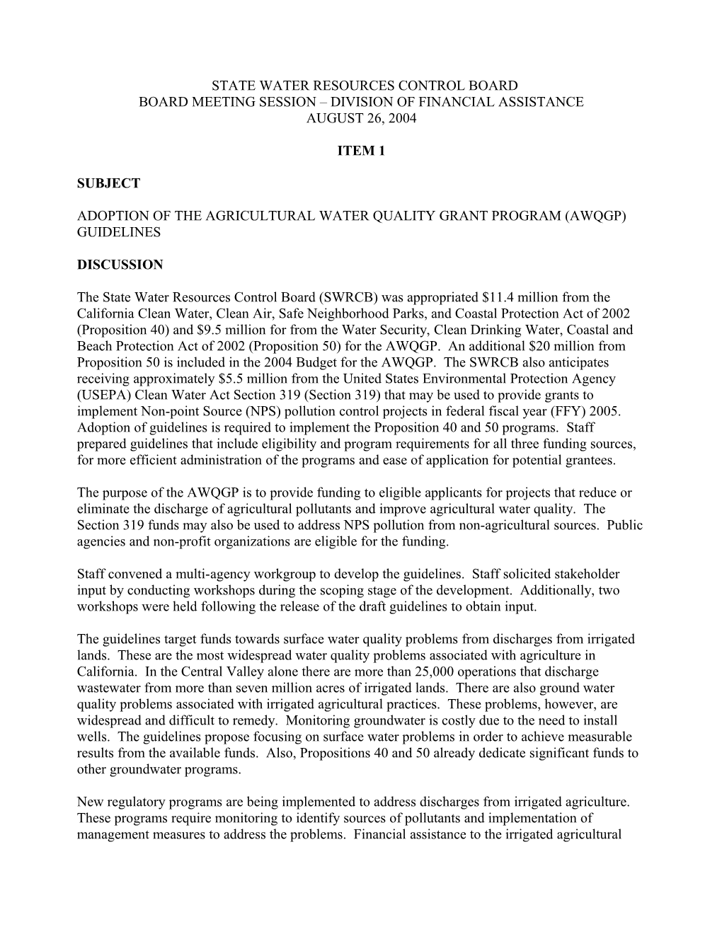Agricultural Water Quality Grant Program Guidelines Agenda Item