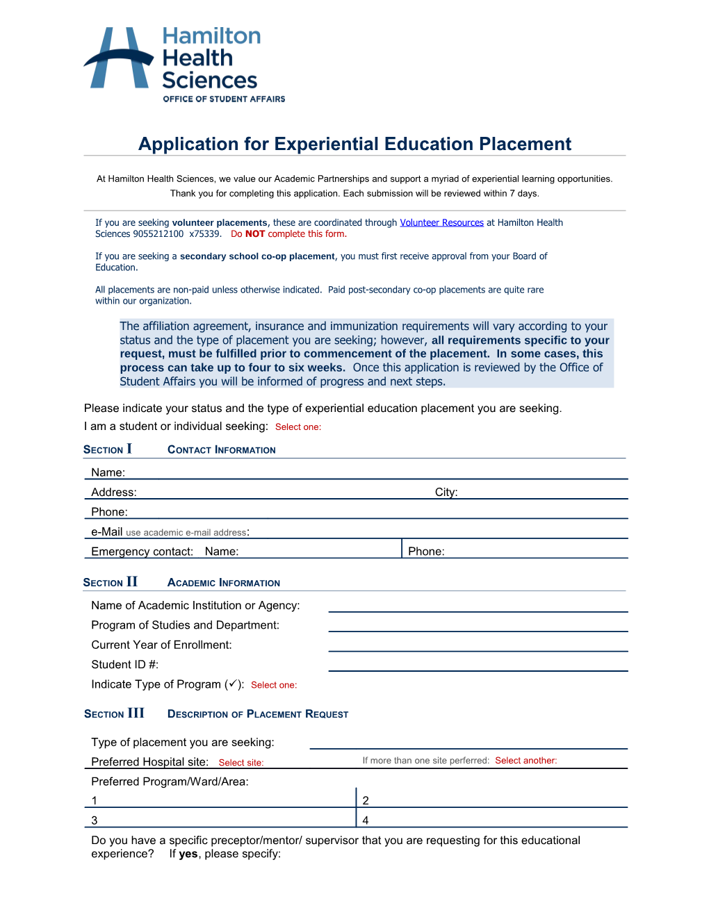 Application for Experiential Education Placement