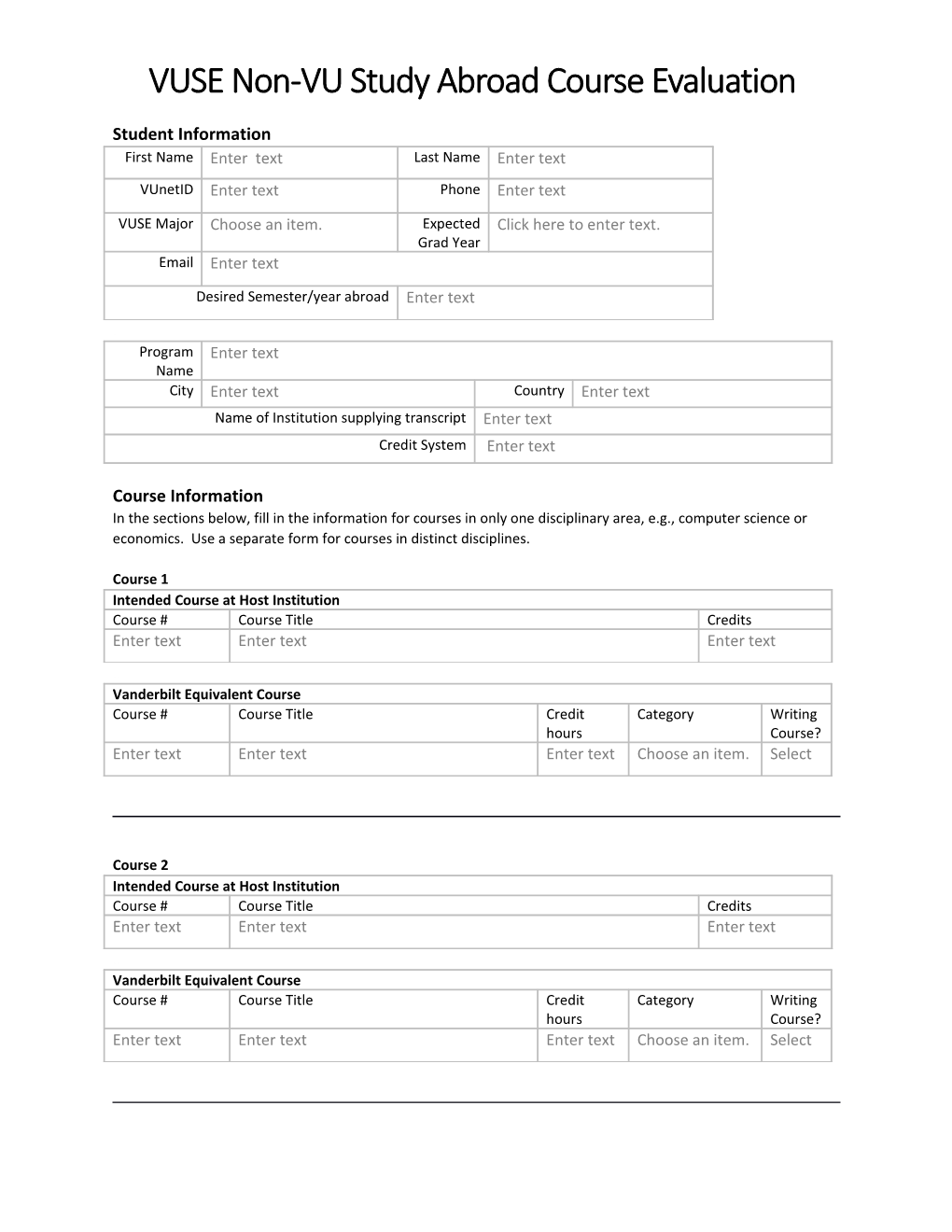 VUSE Non-VU Study Abroad Course Evaluation