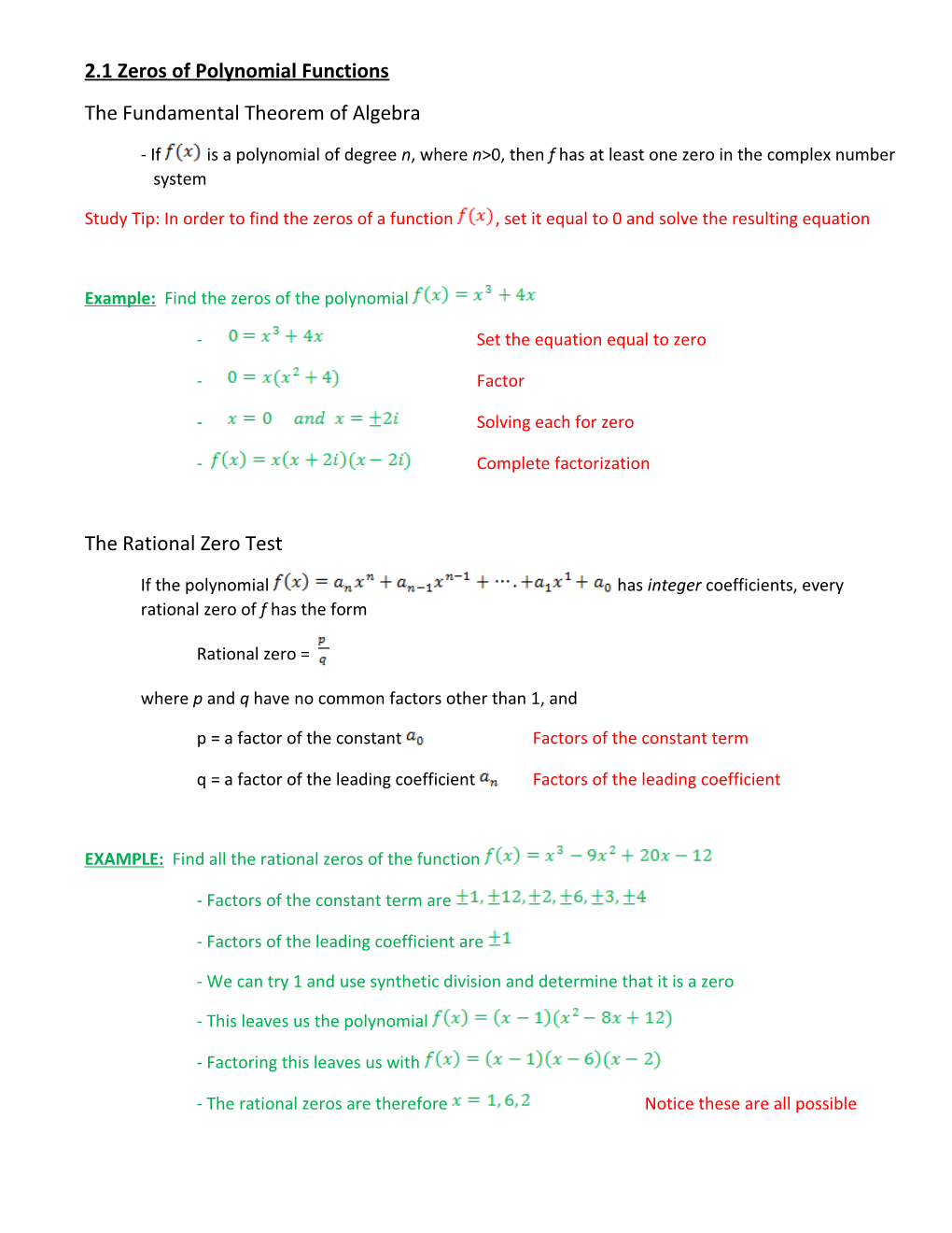 2.1 Zeros of Polynomial Functions