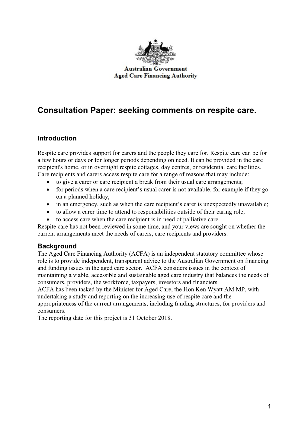 Consultation Paper: Seeking Comments on Respite Care