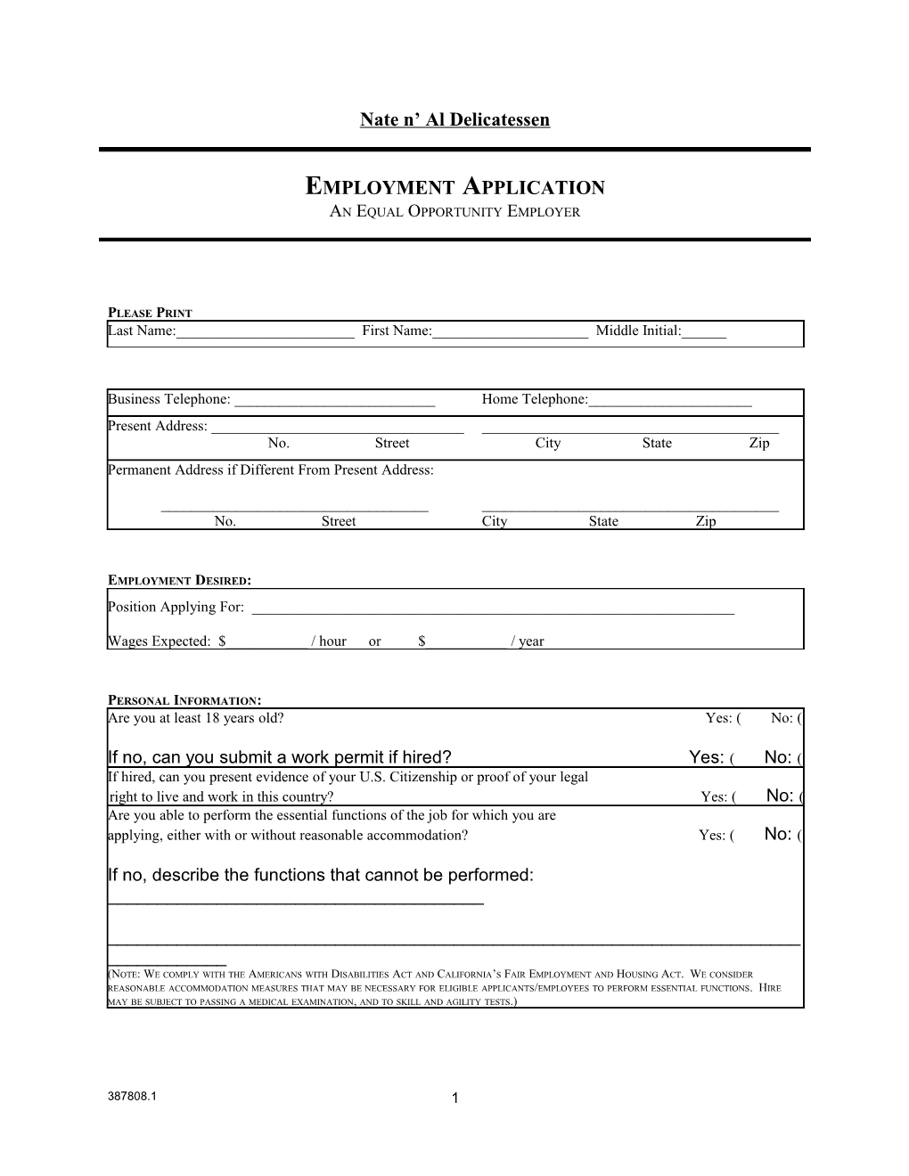 Sample Employment Forms and Agreements