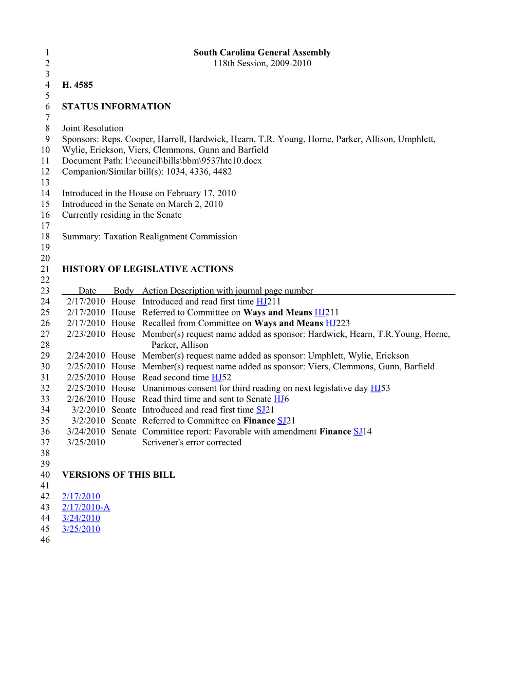 2009-2010 Bill 4585: Taxation Realignment Commission - South Carolina Legislature Online