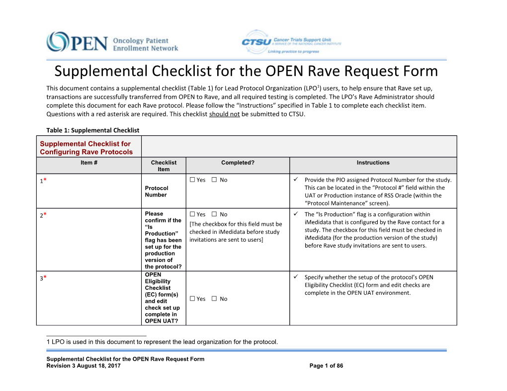 Supplemental Checklist for the OPEN Rave Request Form