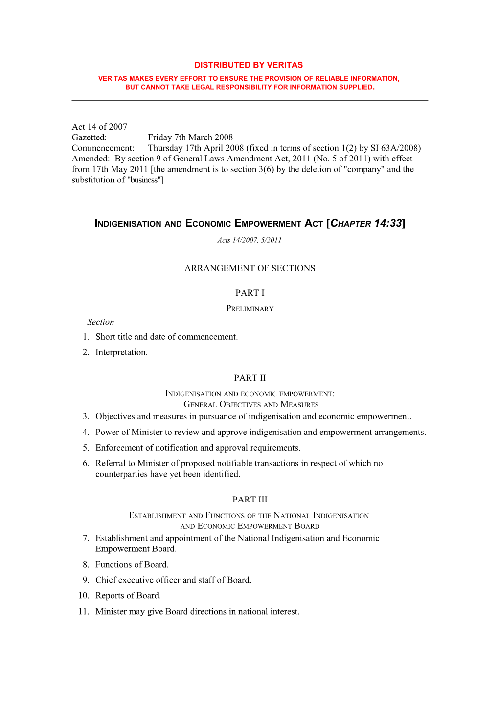 Indigenisation & Economic Empowerment Act Chapter 14:33 14-2007