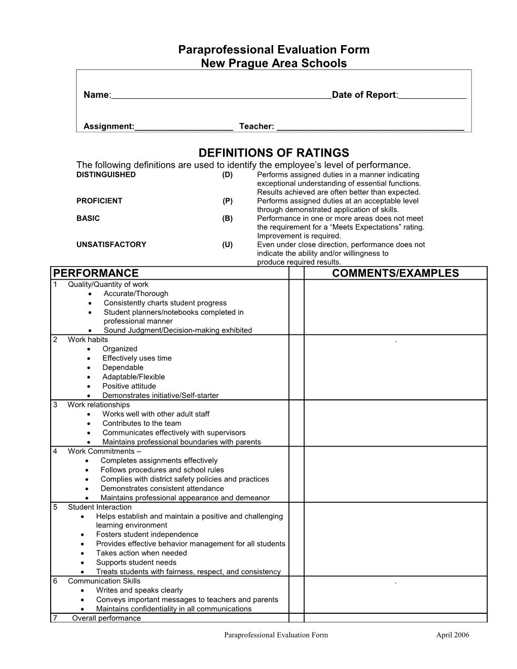 Paraprofessional Evaluation Form