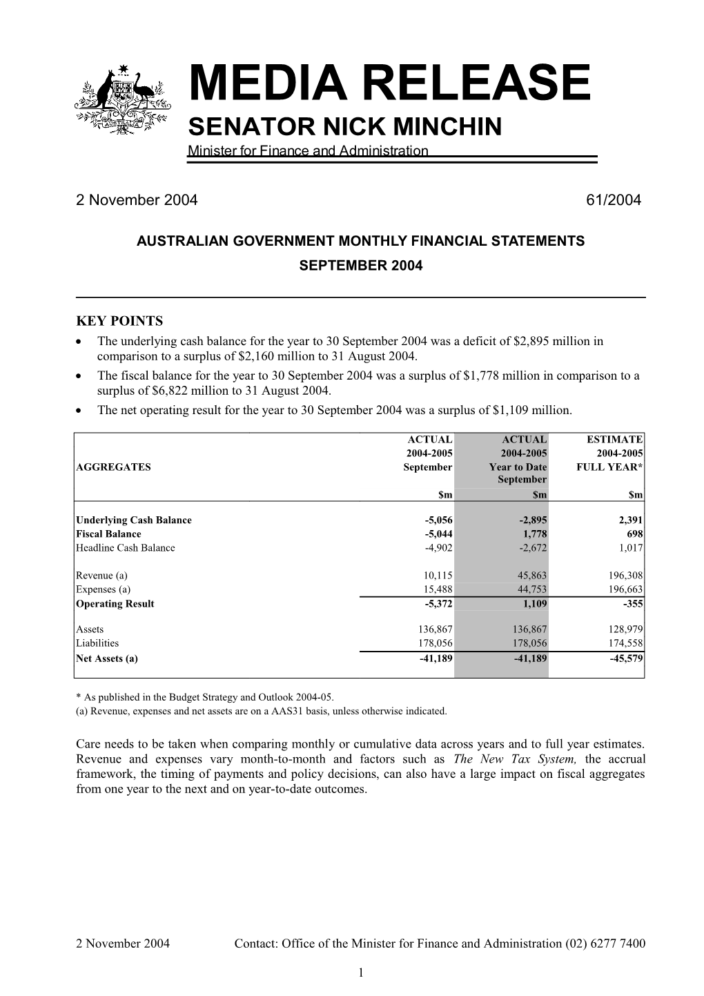 Australian Government Monthly Financial Statements