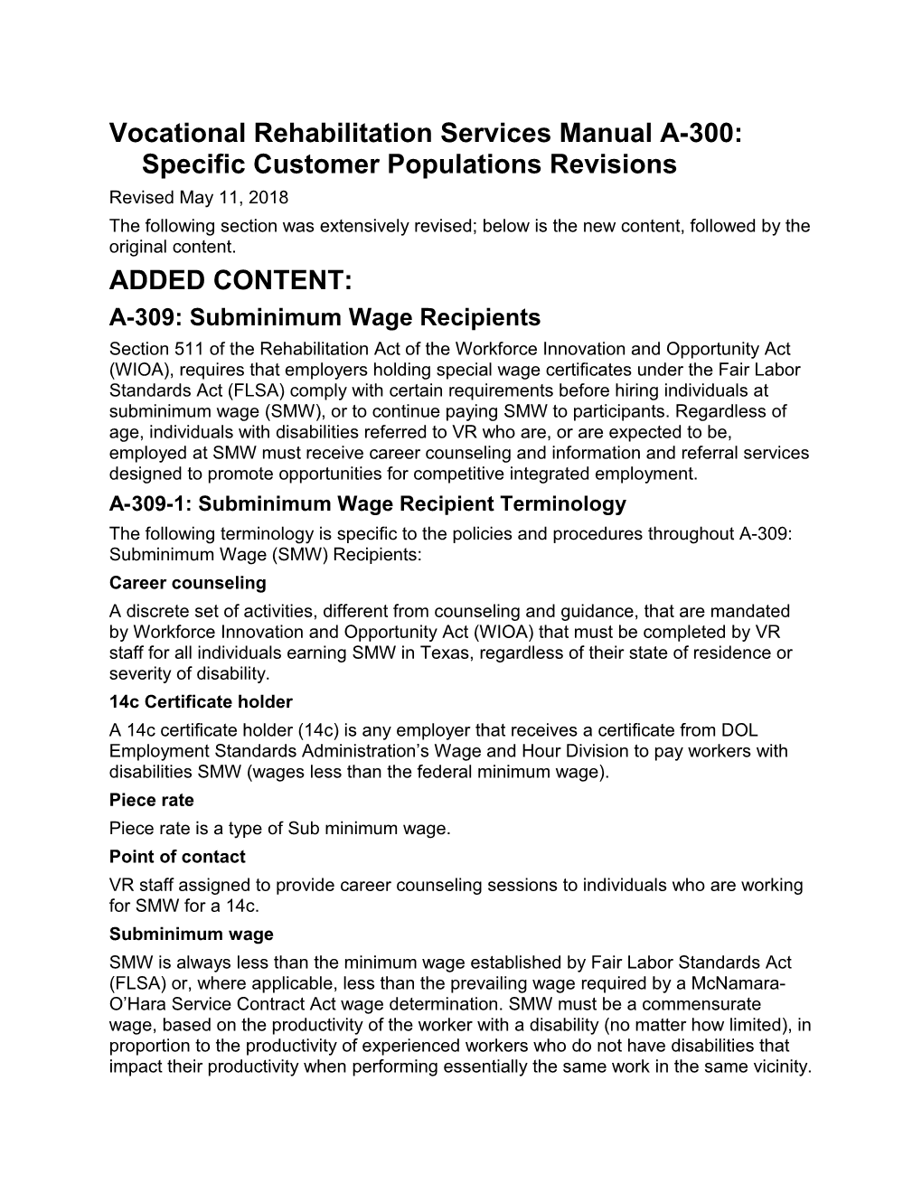 VRSM A-309: Subminimum Wage Recipients Revised 051118