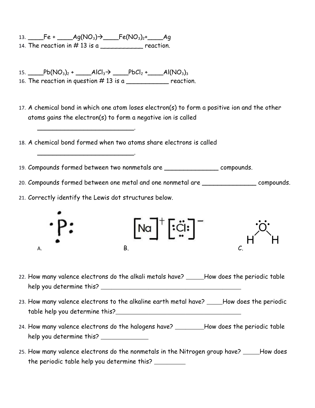 Study Guide:Acids & Bases, Types of Reactions, Balancing Chemical Equations, Bonding&