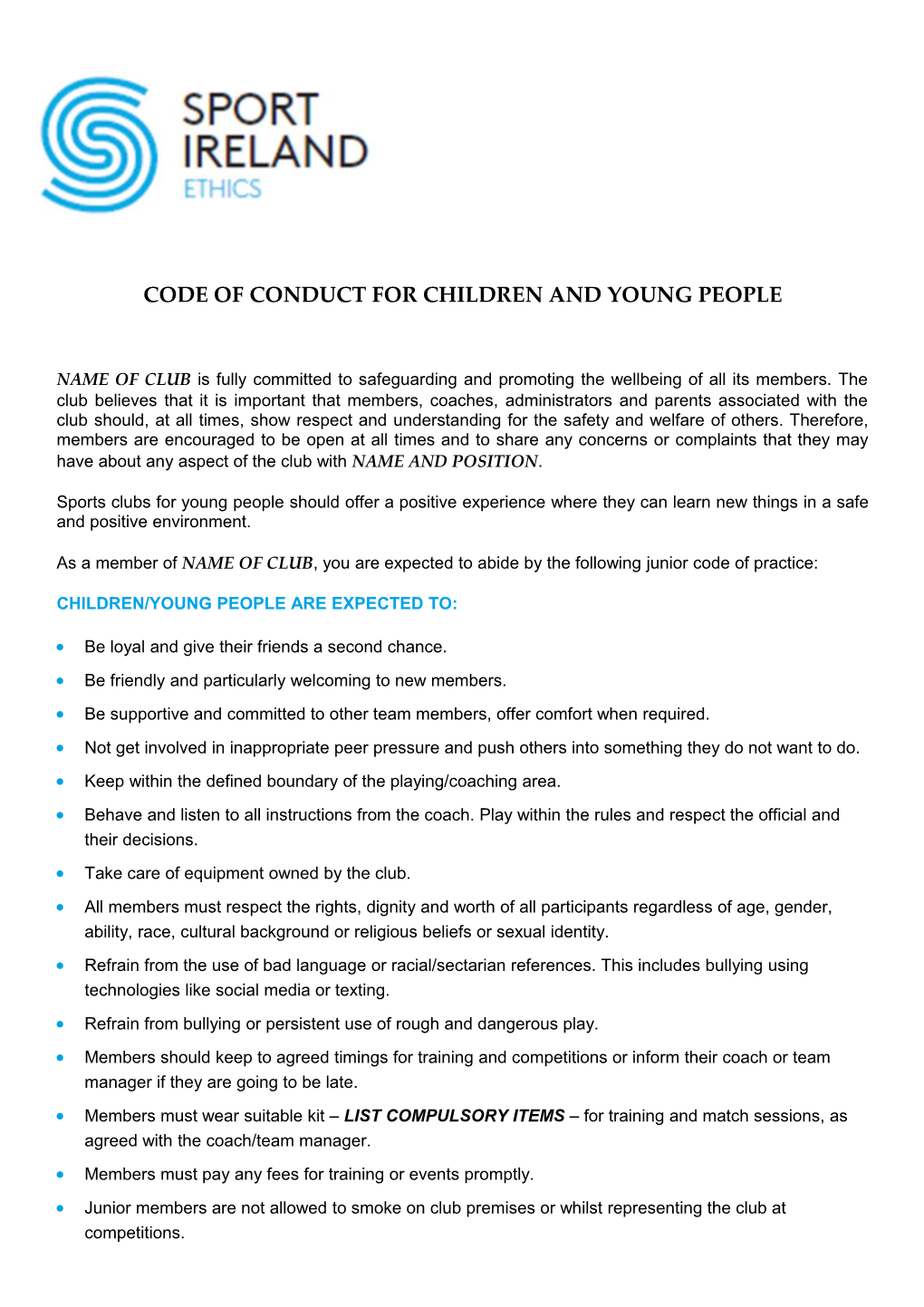 Code of Conduct for Children and Young People
