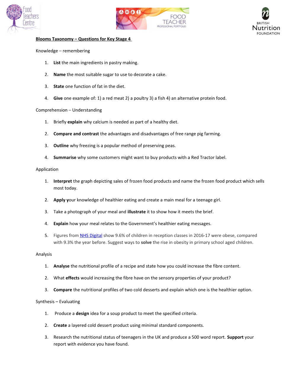 Blooms Taxonomy Questionsfor Key Stage 4