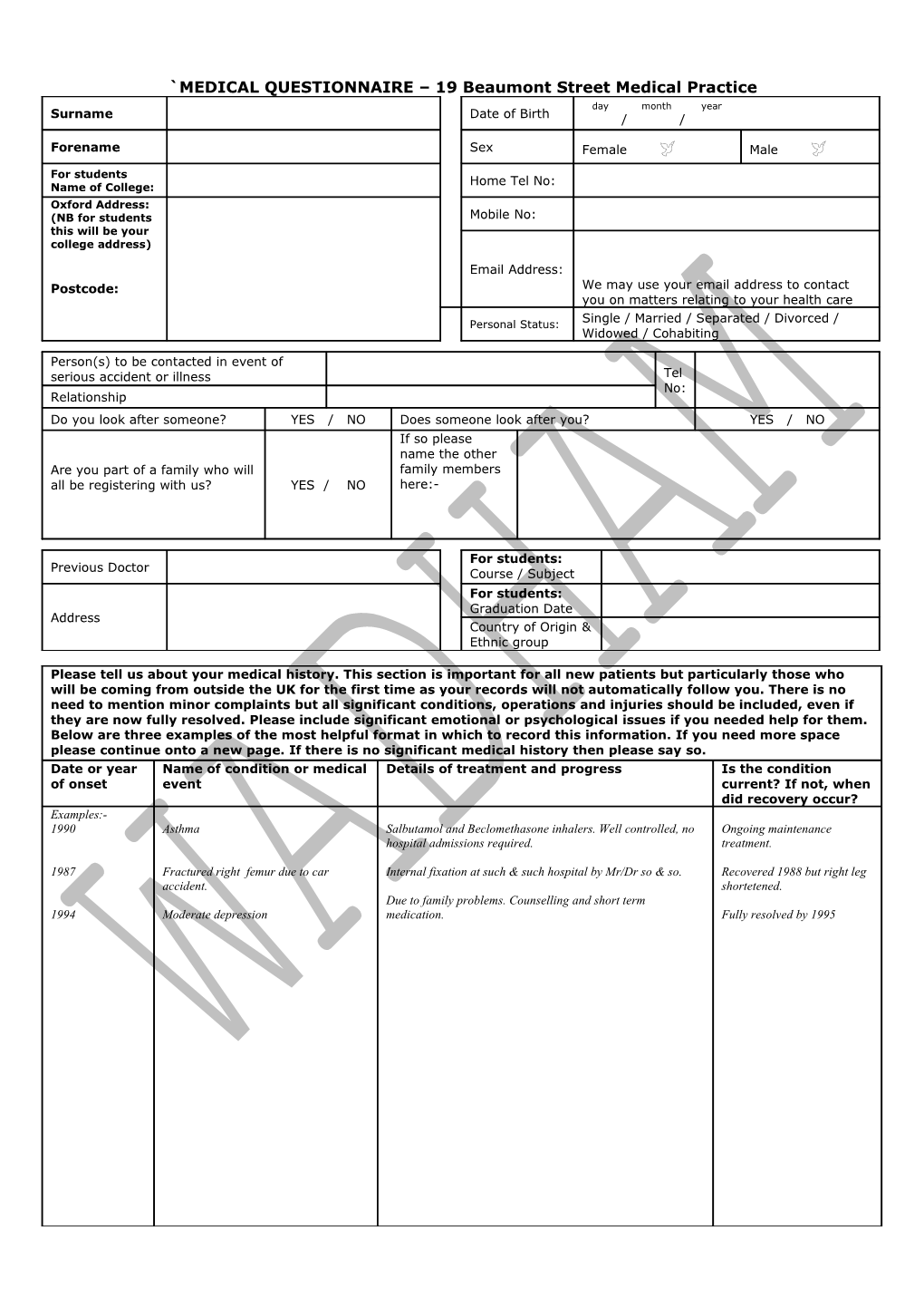 MEDICAL QUESTIONNAIRE 19 Beaumont Street Medical Practice