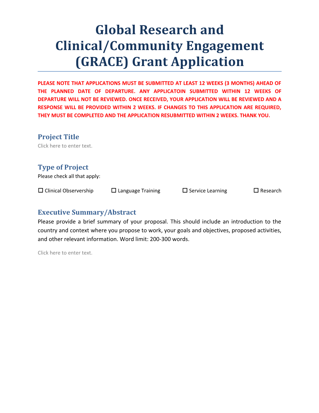 Global Research and Clinical/Community Engagement (GRACE) Grant Application