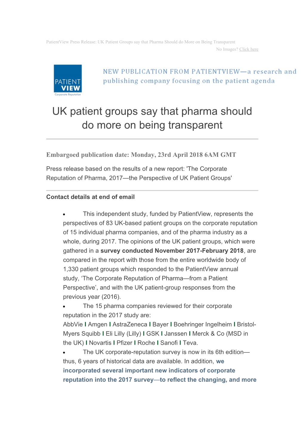 Patientview Press Release: UK Patient Groups Say That Pharma Should Do More on Being Transparent