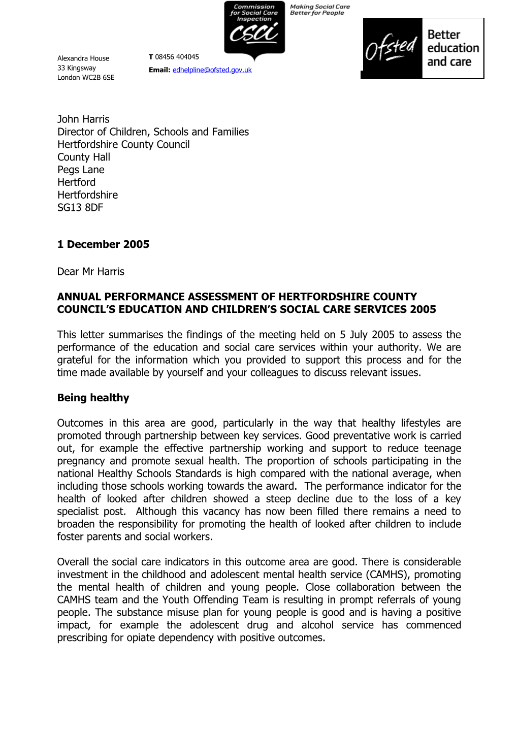 Annual Performance Assessment of Hertfordshire County Council S Education and Children