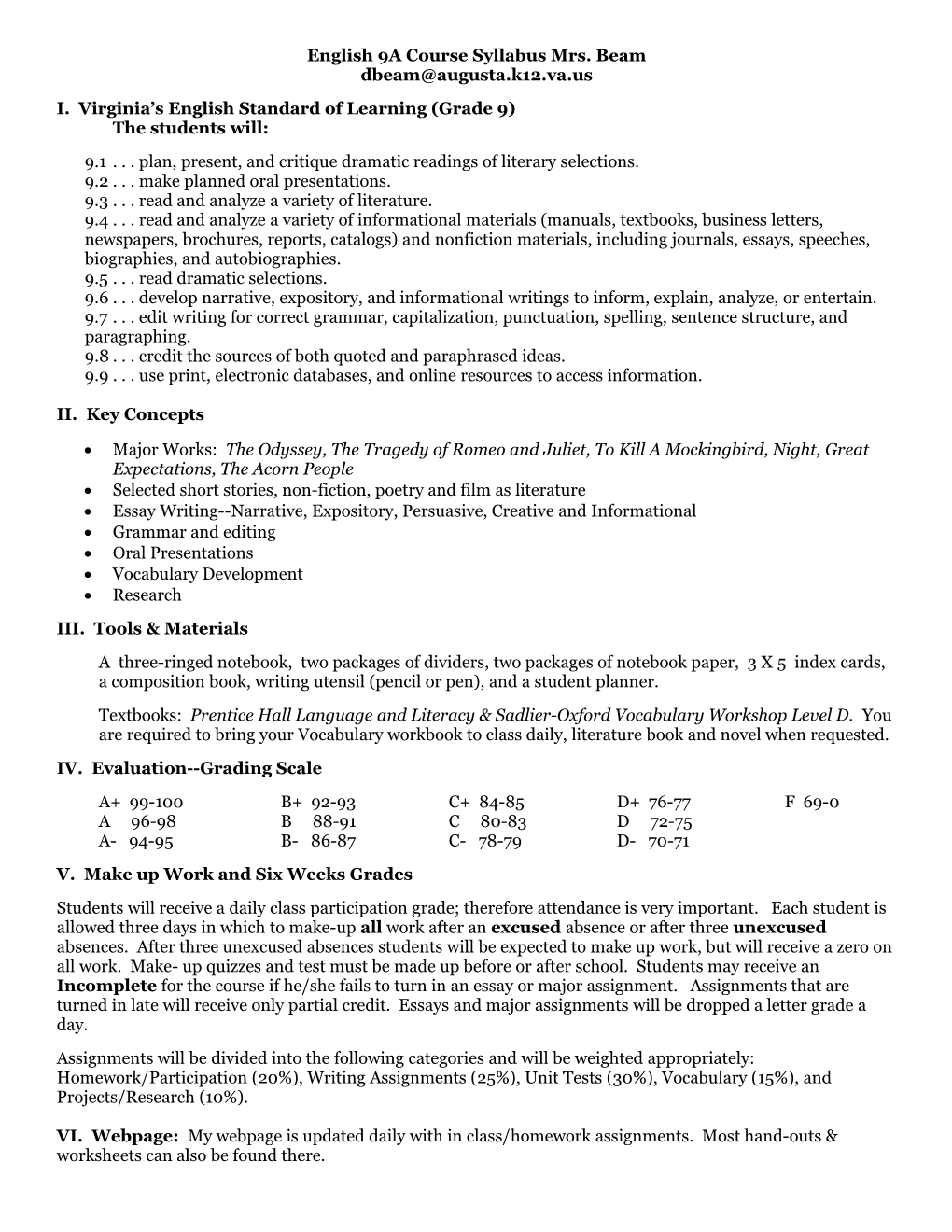 English 9A Course Syllabus Mrs