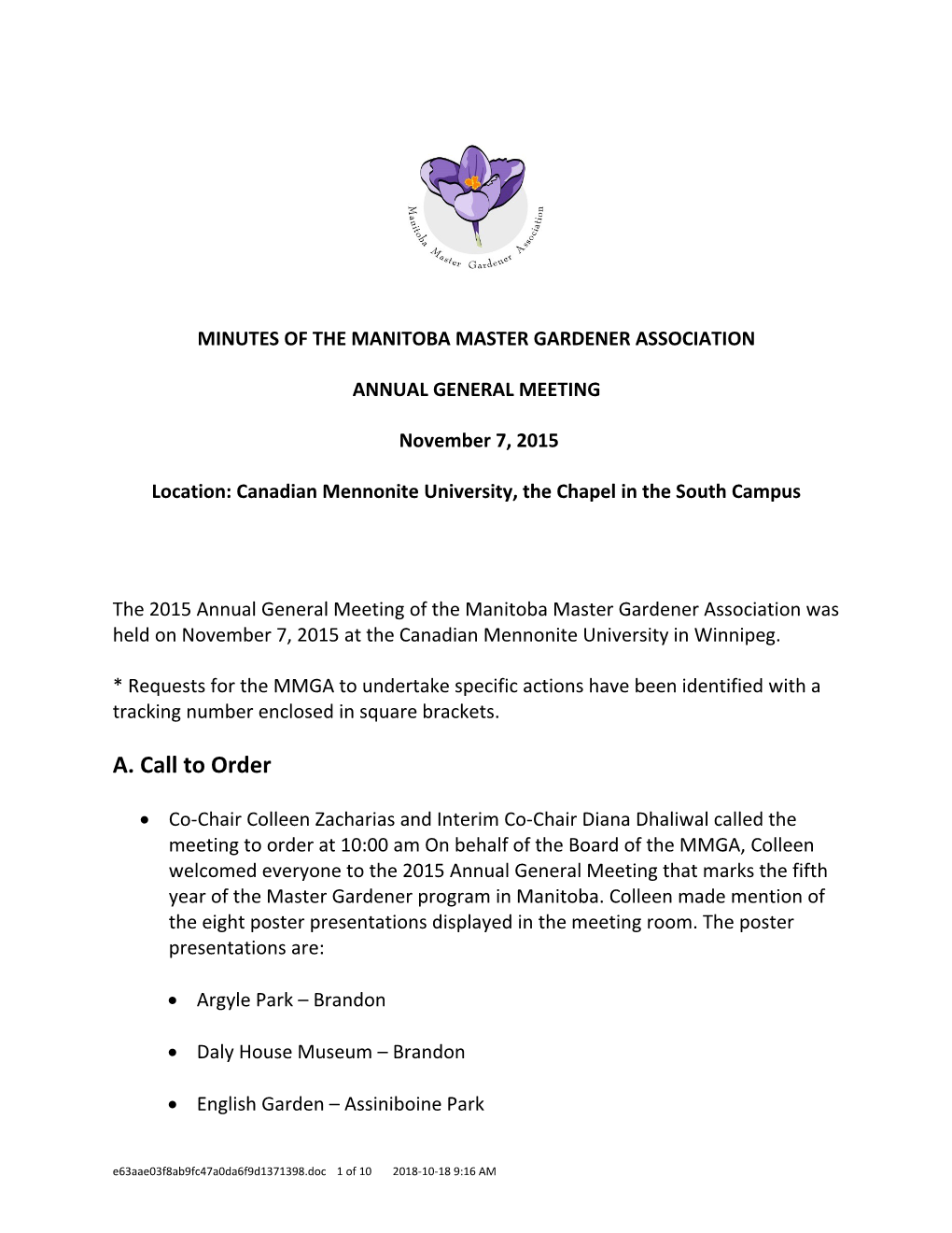 Minutes of the Manitoba Master Gardener Association