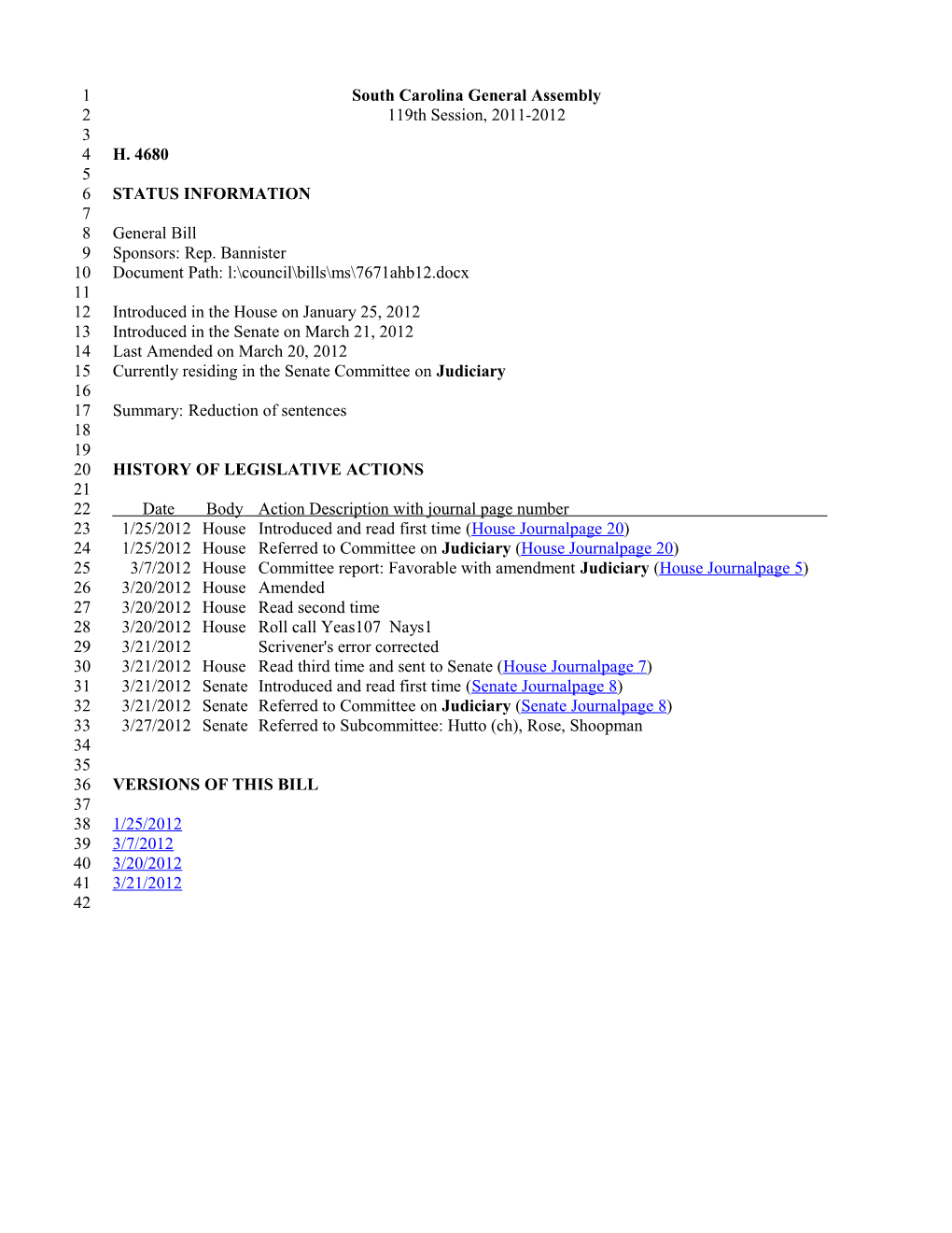 2011-2012 Bill 4680: Reduction of Sentences - South Carolina Legislature Online