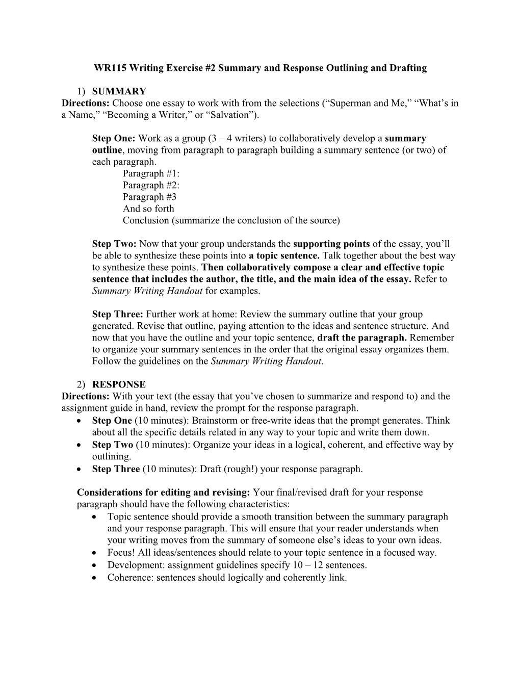 WR115 Writing Exercise #2 Summary and Response Outlining and Drafting