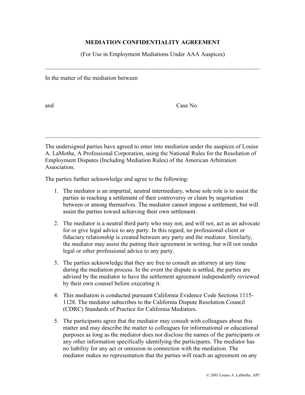 Mediation Confidentiality Agreement