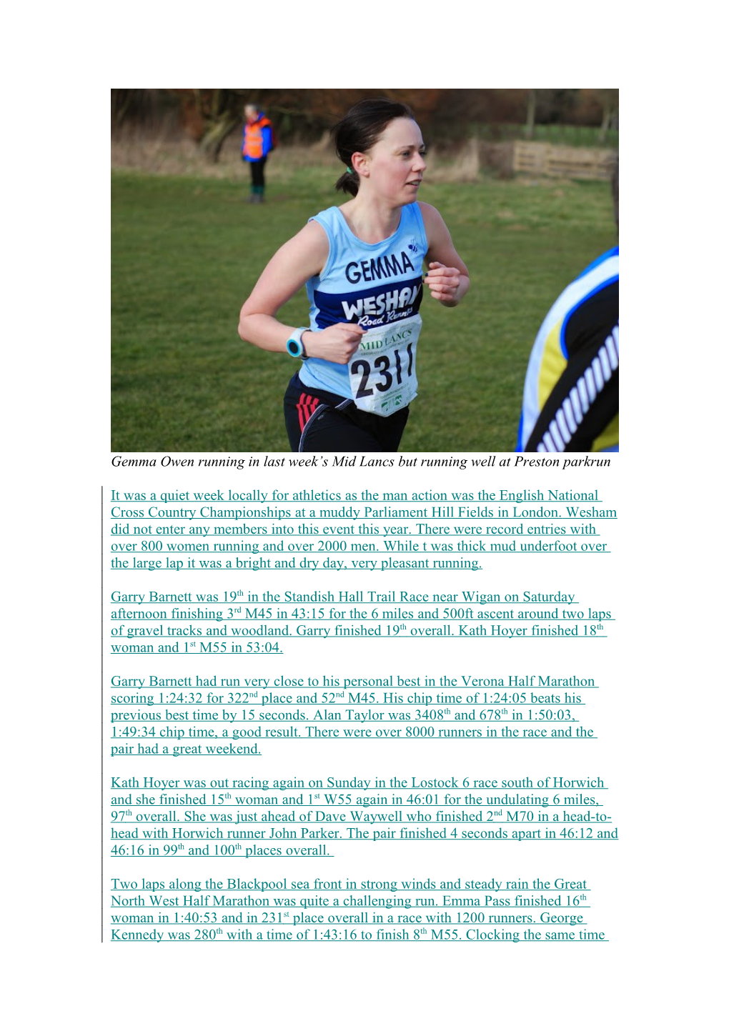 It Was a Quiet Week Locally for Athletics As the Man Action Was the English National Cross