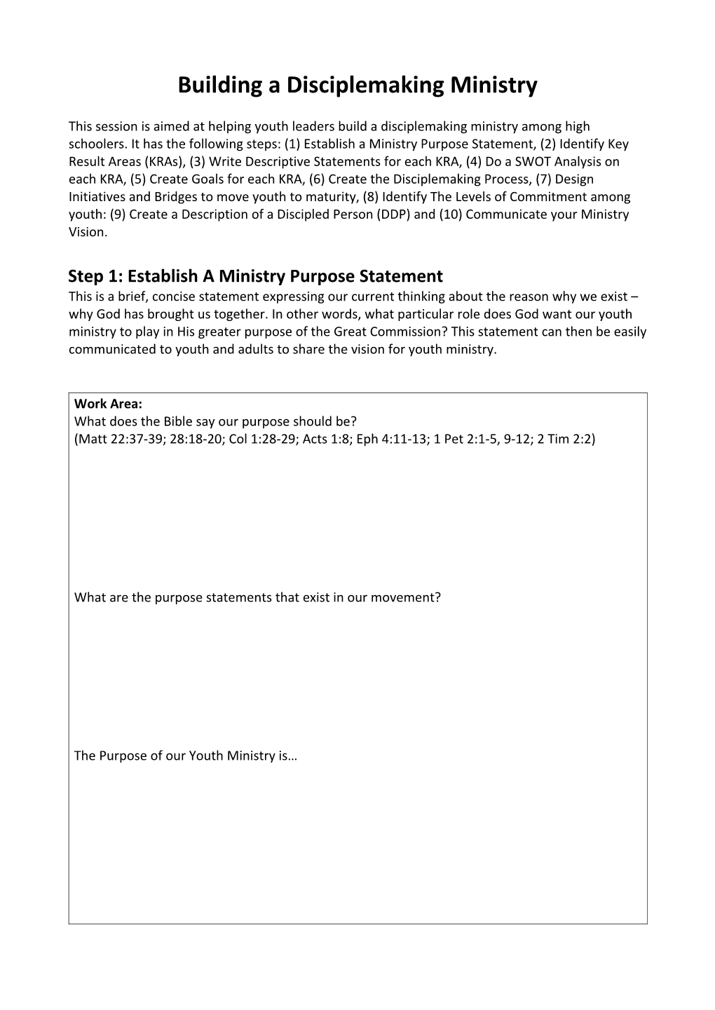 Step 1: Establish a Ministry Purpose Statement