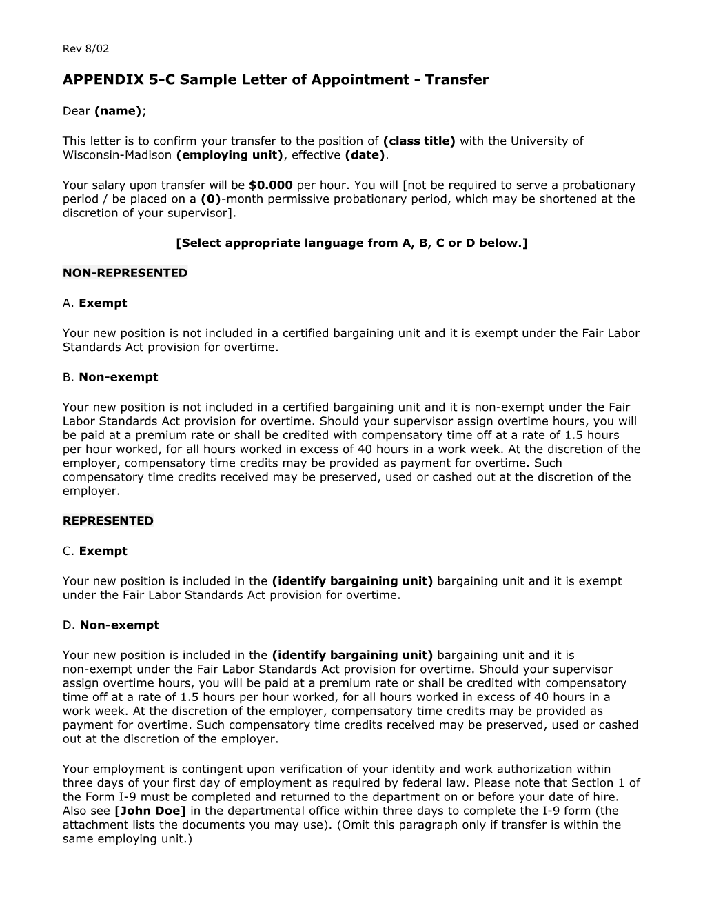 APPENDIX 5-C Sampleletter of Appointment - Transfer