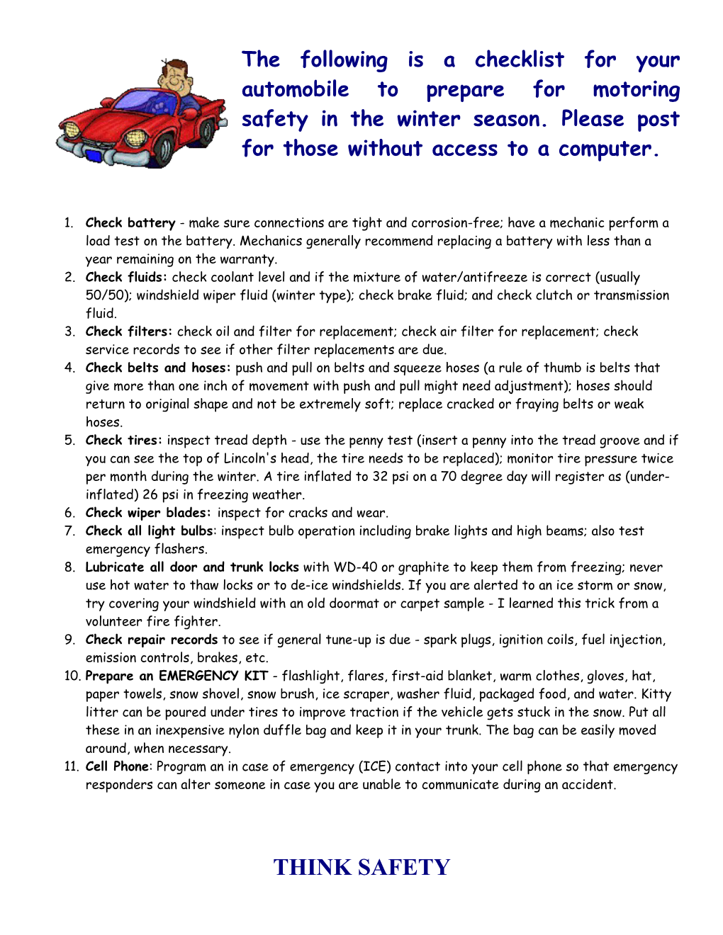 The Following Is a Checklist for Your Automobile to Prepare for Motoring Safety in The