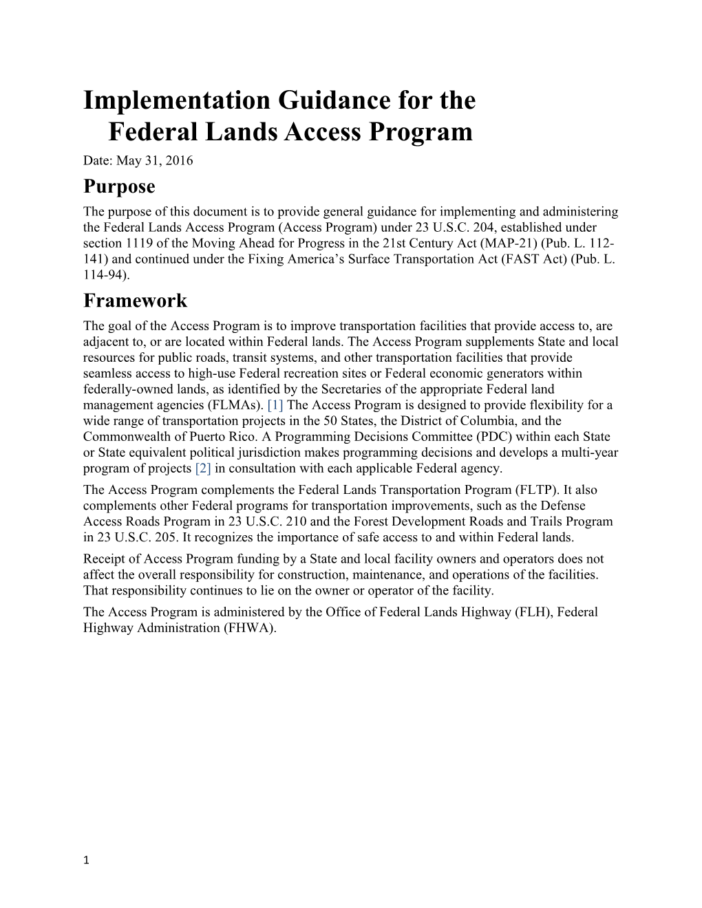 Implementation Guidance for Thefederal Lands Access Program