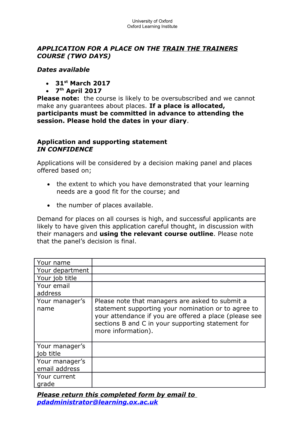 Application for a Place on the Train the Trainers Course (Two Days)