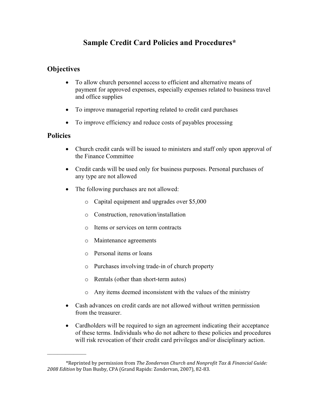 Sample Credit Card Policies and Procedures