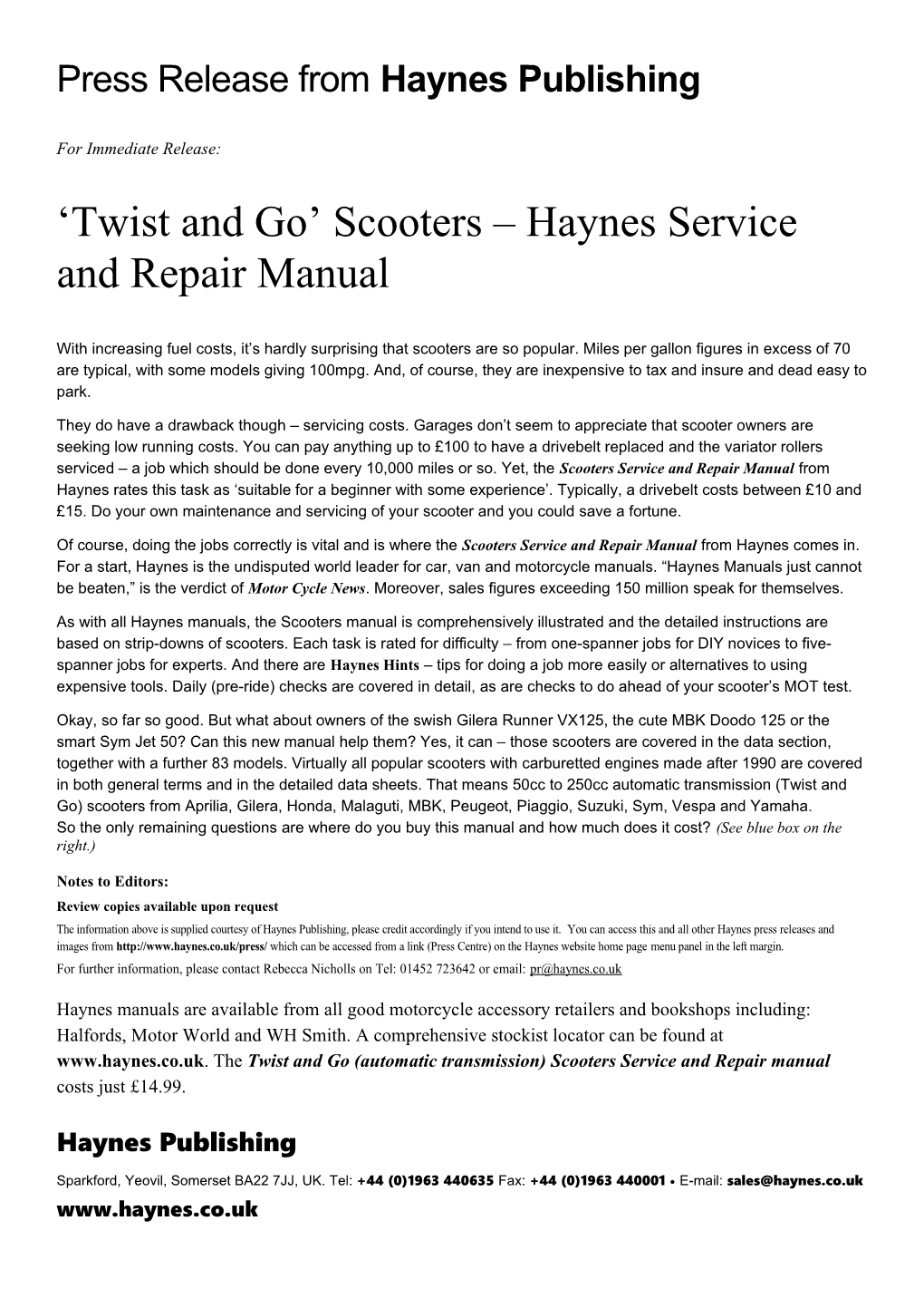 Press Release from Haynes Publishing