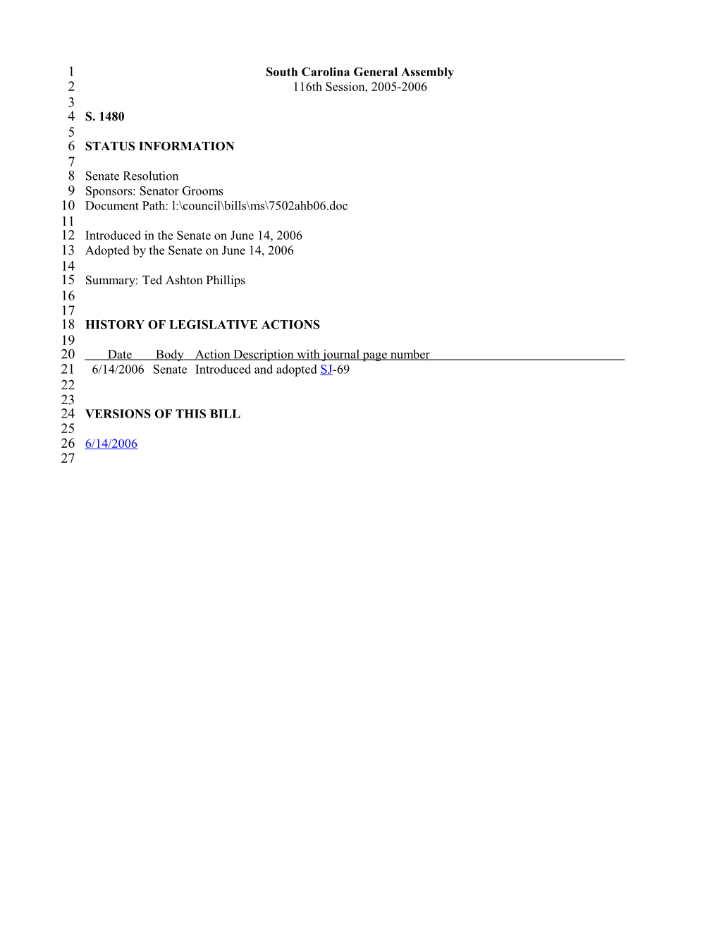 2005-2006 Bill 1480: Ted Ashton Phillips - South Carolina Legislature Online