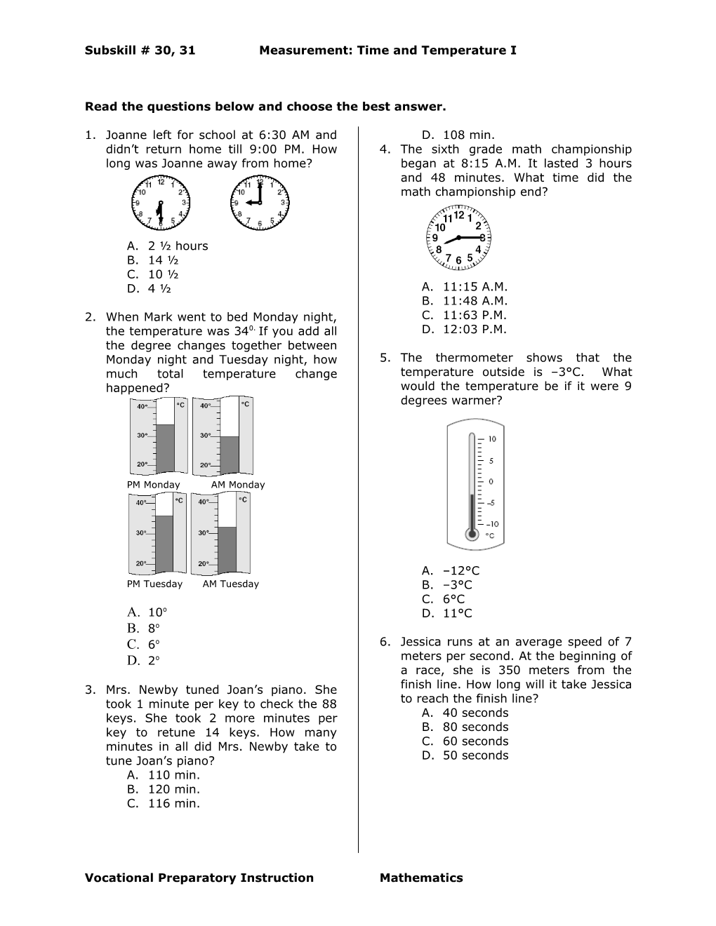 Subskill # 30, 31 Measurement: Time and Temperature I