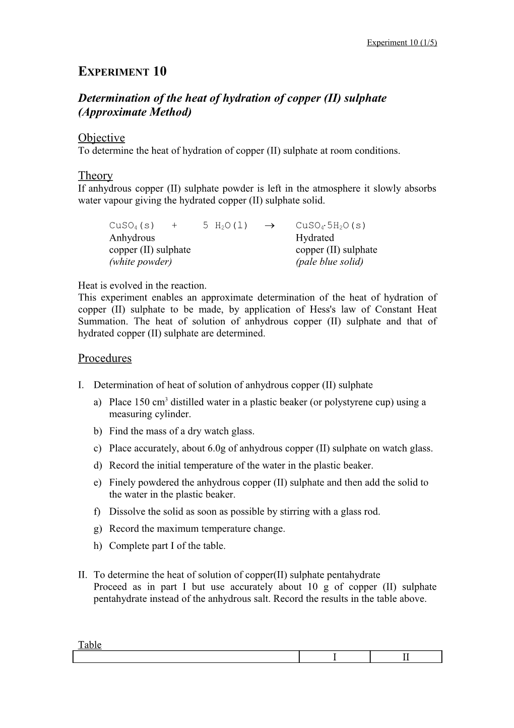 Determination of the Heat of Hydration of Copper (II) Sulphate